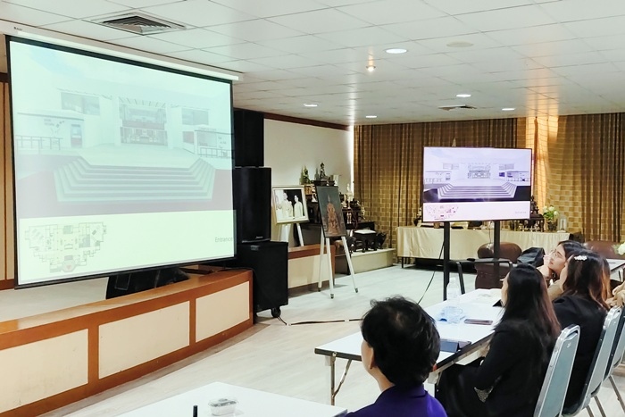 ภาพการนำเสนอการออกแบบปรับปรุงสถาปัตยกรรมภายในอาคารสำนักหอสมุดกลาง มหาวิทยาลัยรามคำแหง จากสถาปนิกผู้ออกแบบ